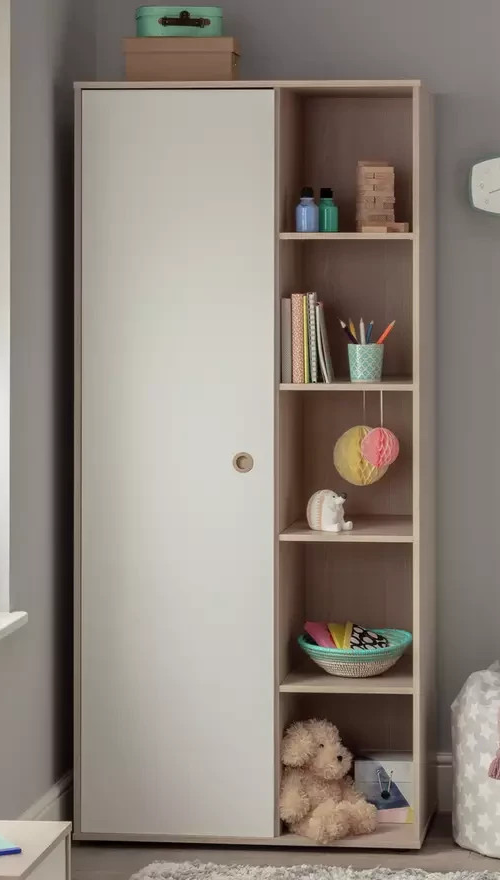 Camden 1 Door Shelved Wardrobe - White and Acacia (B Grade)
