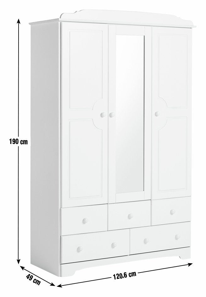 Home Nordic 3 Door 5 Drawer Mirror Wardrobe - White | triple wardrobe white