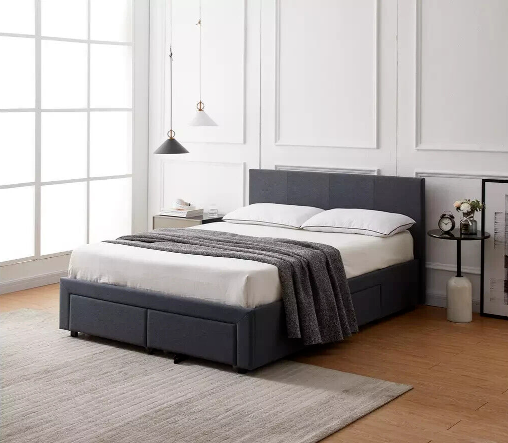 Heathdon 4 Drawer Kingsize Fabric Bed Frame - Grey | Upholstered Storage Bedstea