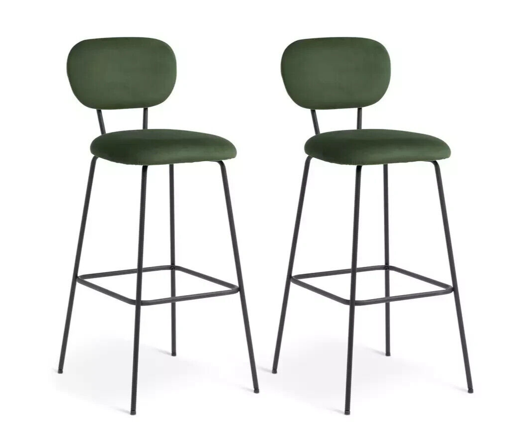 Habitat Ariana Pair of Velvet Bar Stools Green | Kitchen Island Seating Modern