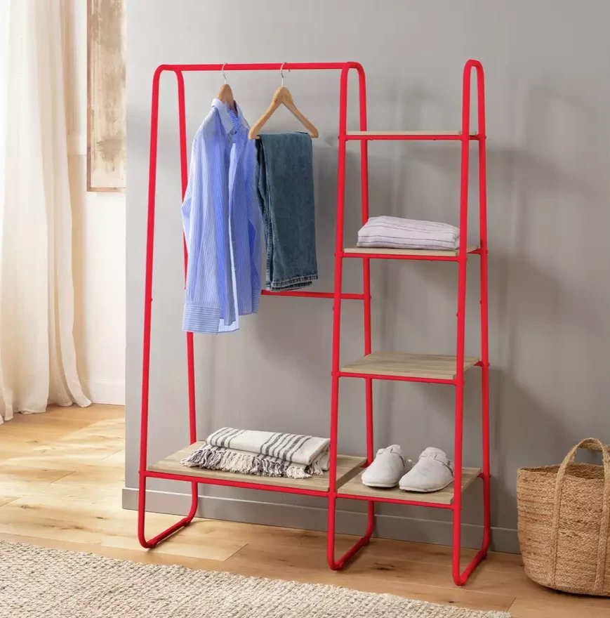 Ryan Clothes Rail with Shelves Red | Open Wardrobe Storage Rack Furniture