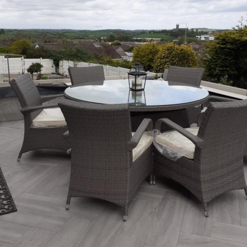 Seychelles 6 Seater Rattan Effect Round Dining Table Grey | Outdoor Garden Patio