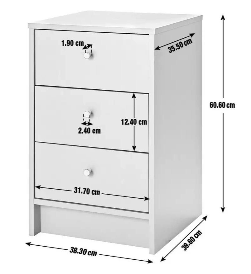 Home Malibu 3 Drawer Bedside Table Grey | Bedroom Nightstand Storage Furniture