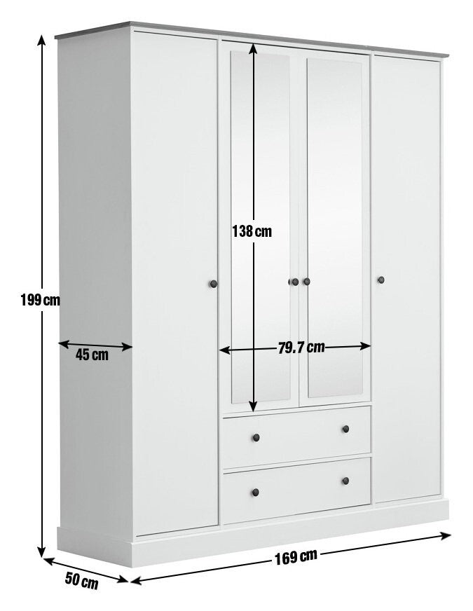 Kensington 4 Door 2 Drawer Wardrobe - Soft Grey