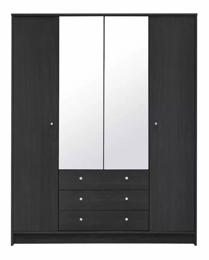 Malibu 4Dr 3 Drw Mirror Wardrobe-Black Oak Effect | Dark Wood Look
