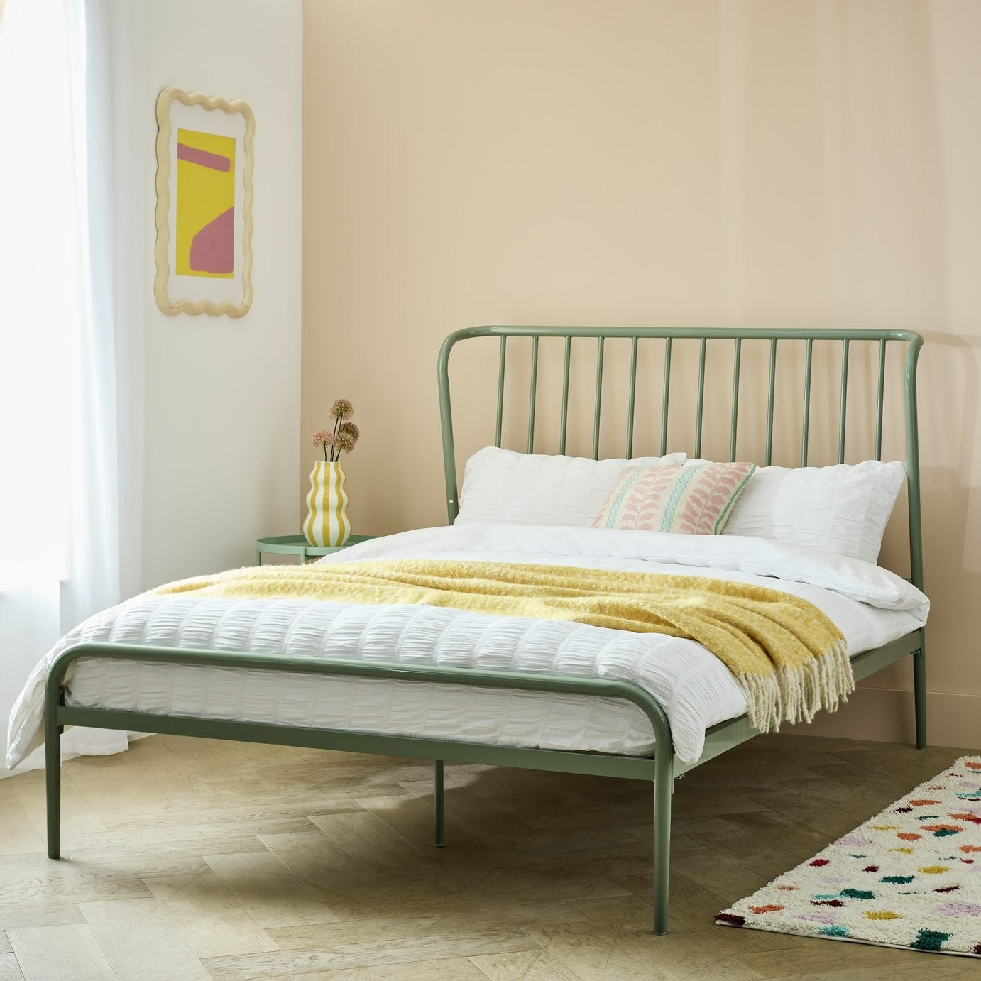 Kanso Double Metal Bed Frame - Sage Green | Sturdy Steel Frame with Slatted Base