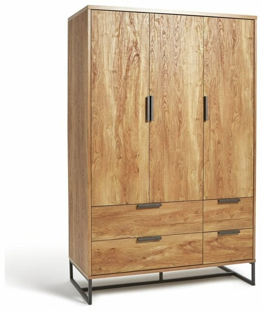 Nomad 3 Door 4 Drawer Wardrobe - Oak Effect | Industrial Style Bedroom Storage