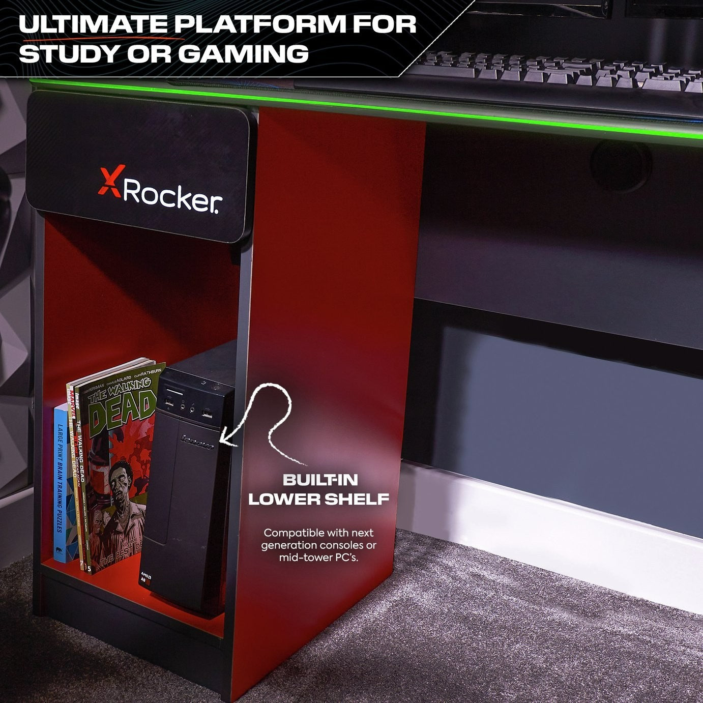 X Rocker Carbon Tek Gaming Desk - Black | Computer Desk With Lighting