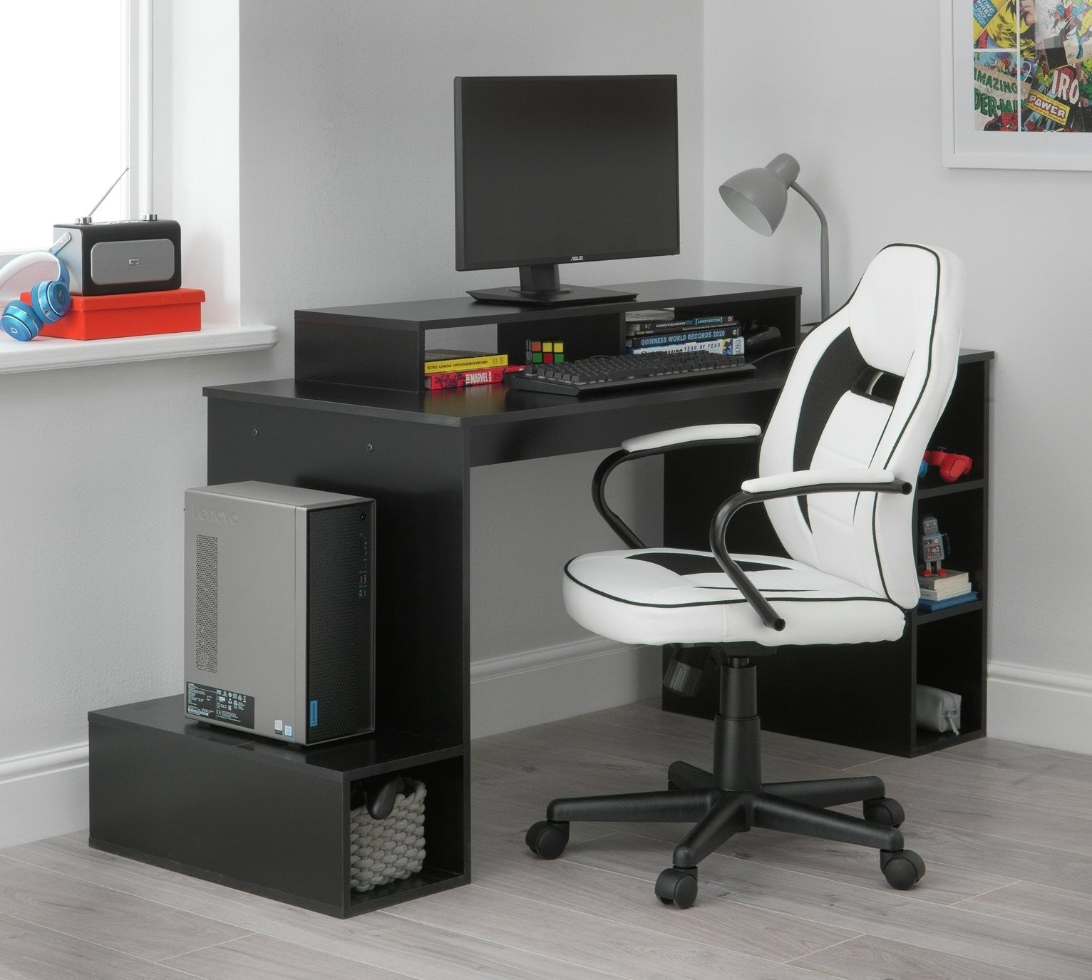Faux Leather Mid Back Gaming Chair -White & Black | Workspace Coolness Quality