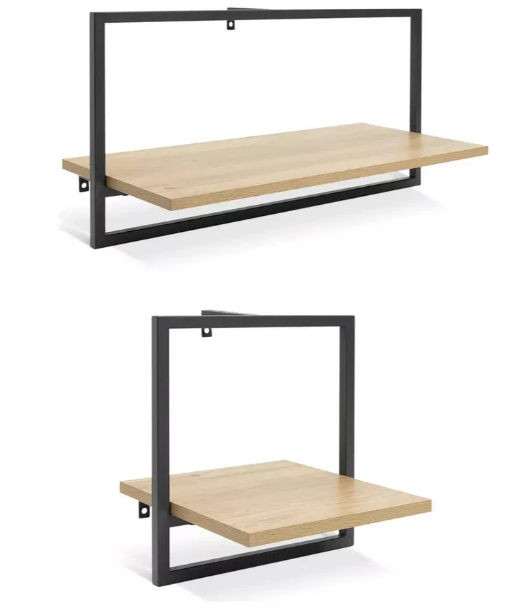 Home Loft Living Set of 2 Metal Shelves Oak | Wall Mounted Storage Shelving Furn