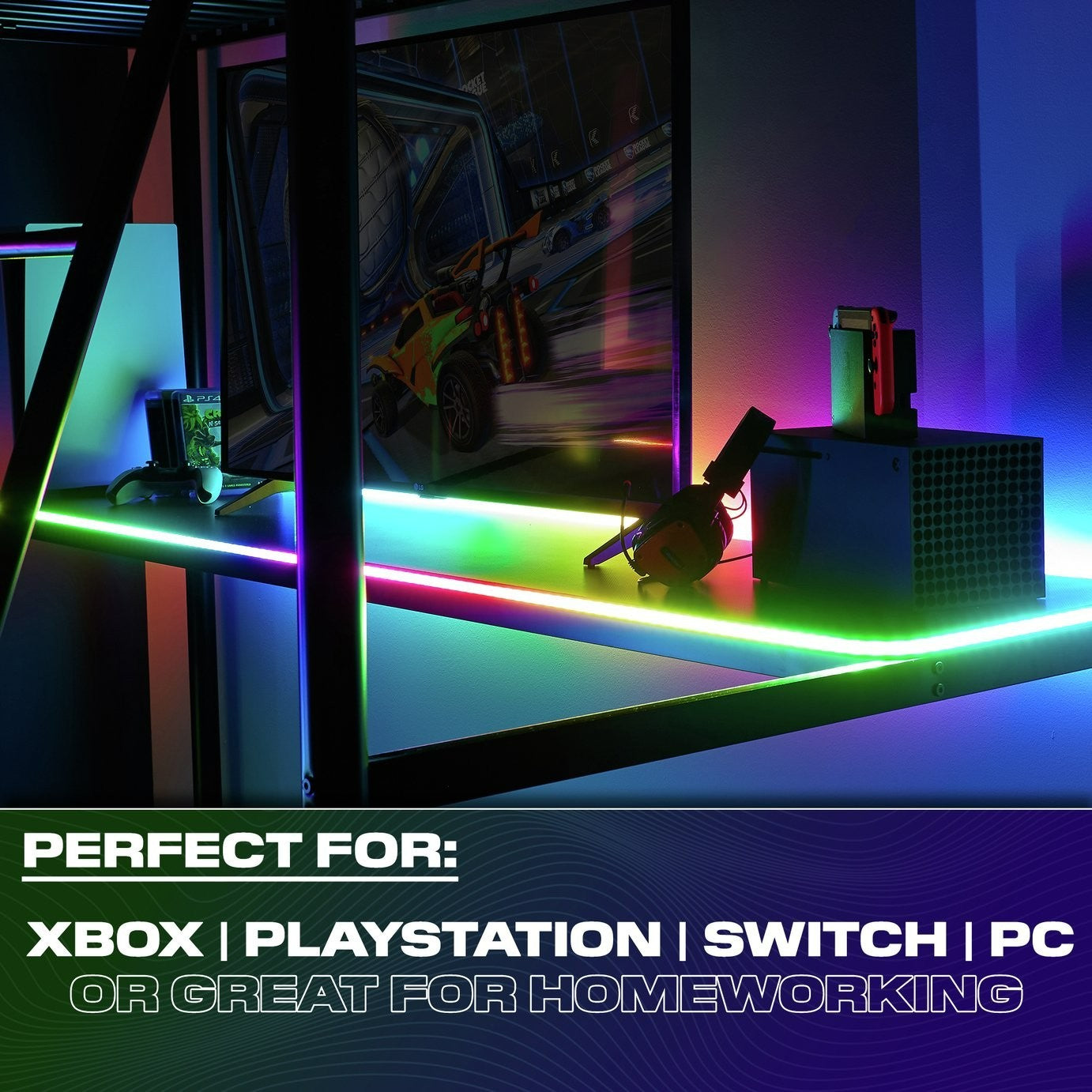 X Rocker HQ RGB LED Gaming High Sleeper Bed with Desk- Black | Integrated Study
