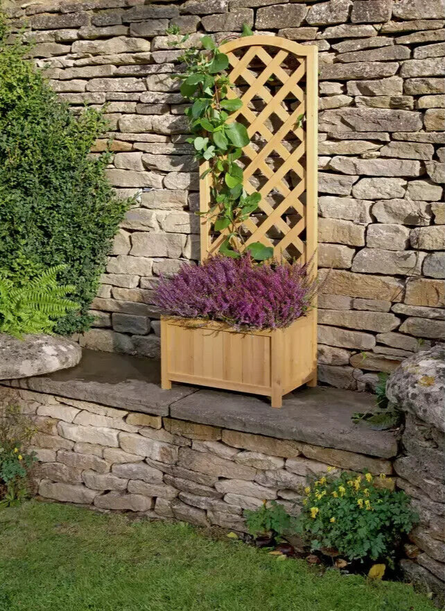 Lattice Wooden Straight Planter | Outdoor Garden Flower Box for Plants or Herbs