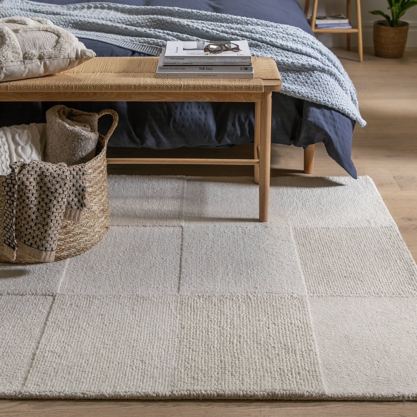 Checkerboard Natural Wool Cut Pile Rug - 170x120cm