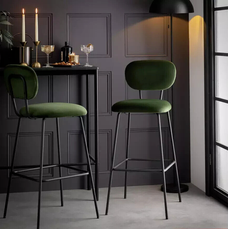 Habitat Ariana Pair of Velvet Bar Stools Green | Kitchen Island Seating Modern