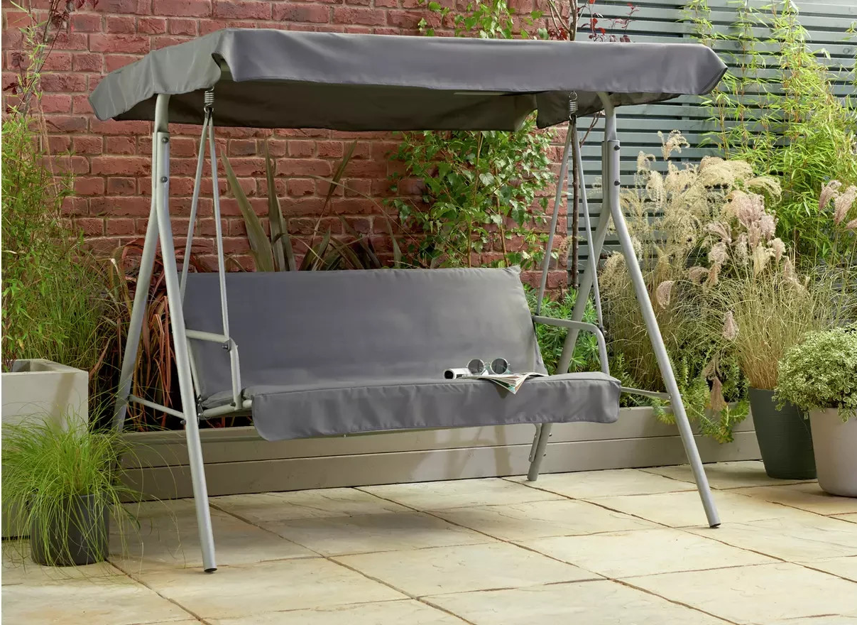 Home 3 Seater Metal Garden Swing Chair Grey | Outdoor Patio Swing Seat Furniture