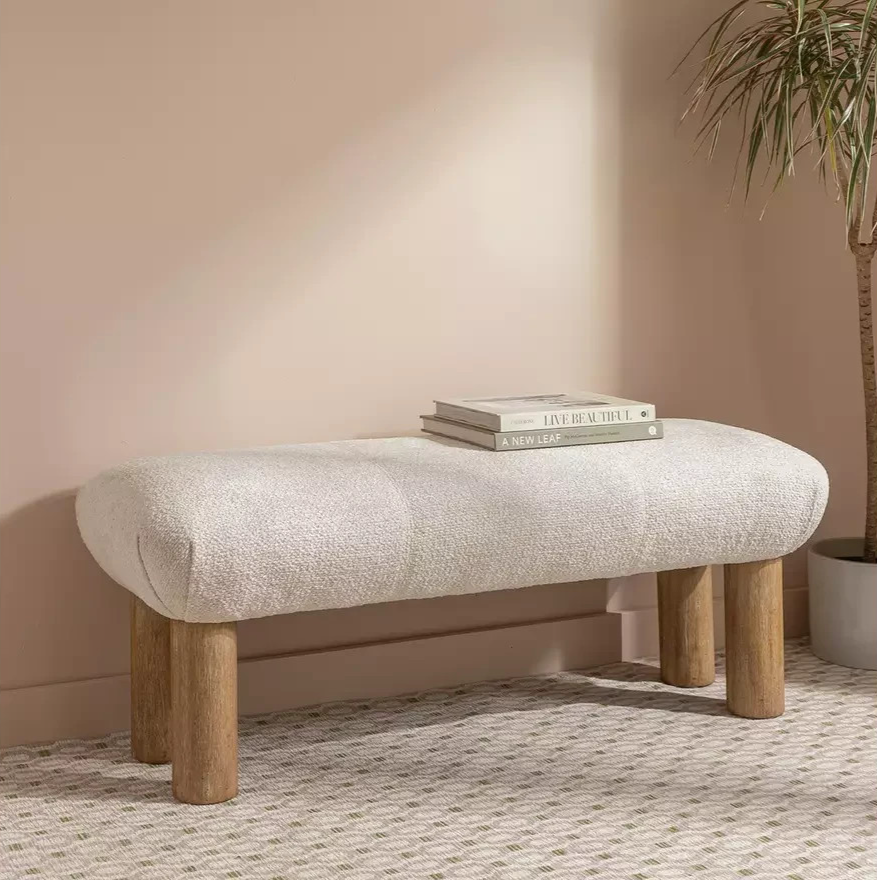 May Boucle Bench White | Upholstered Bedroom Bench Seat