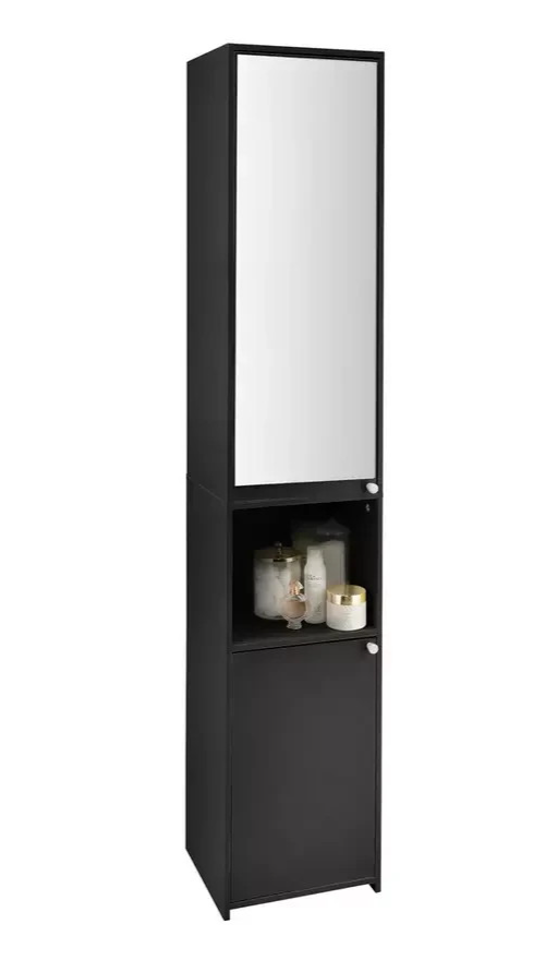 Home Prime Mirrored Bathroom Tallboy Black | Freestanding Bathroom Storage Unit