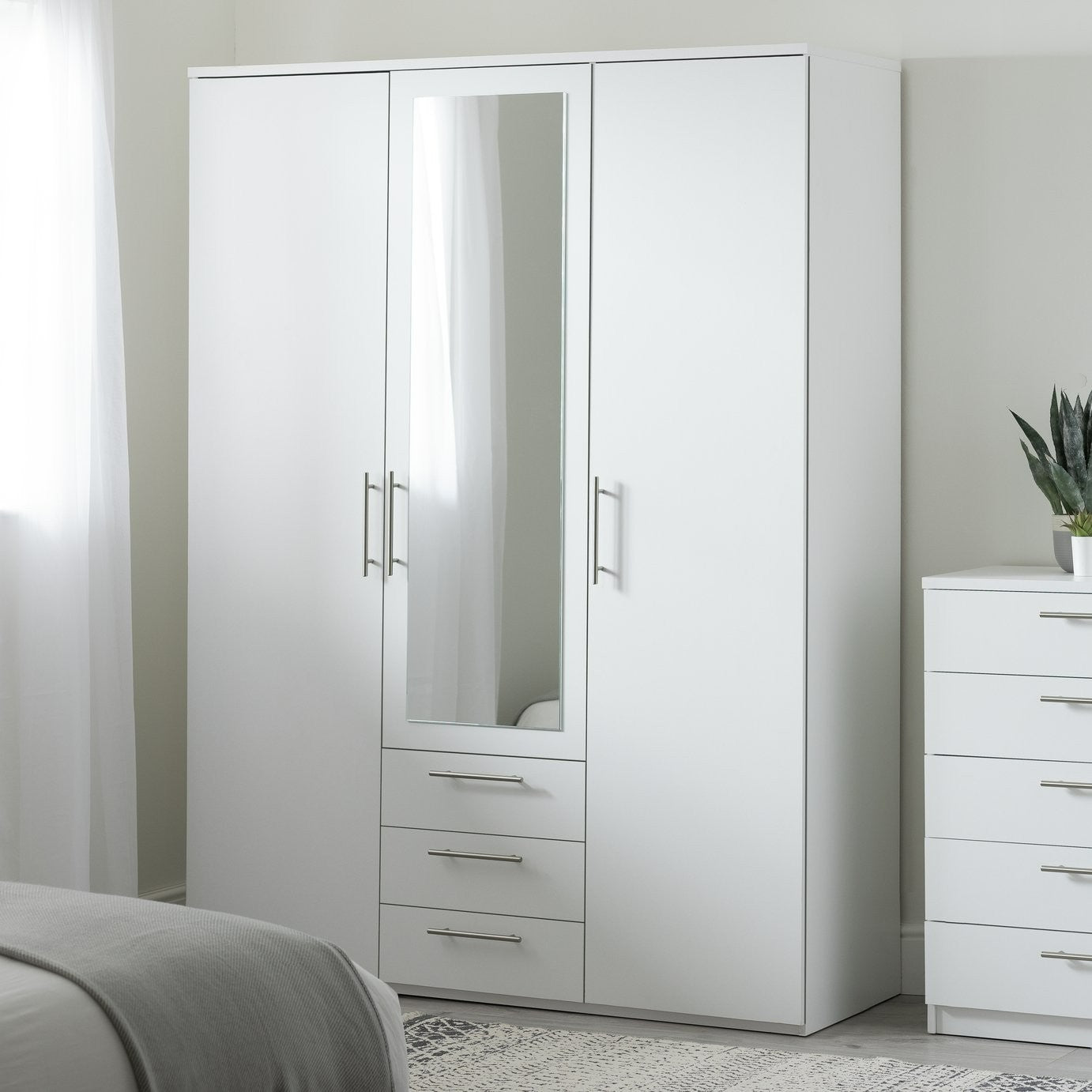 Home Brisbane 3 Door 3 Drawer Wardrobe - White | Sleek Neutral Aesthetic