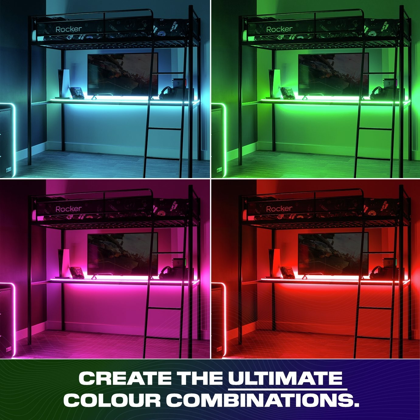 X Rocker HQ RGB LED Gaming High Sleeper Bed with Desk- Black | Integrated Study