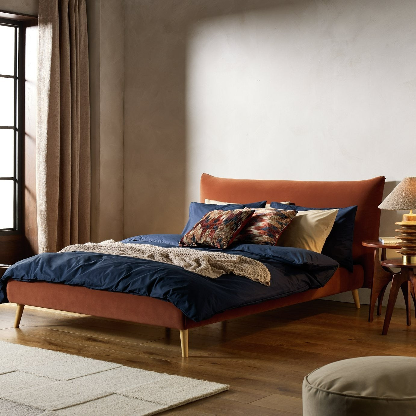 Marshmallow Velvet Double Bed Frame - Rust | Stylish Room Arrangement
