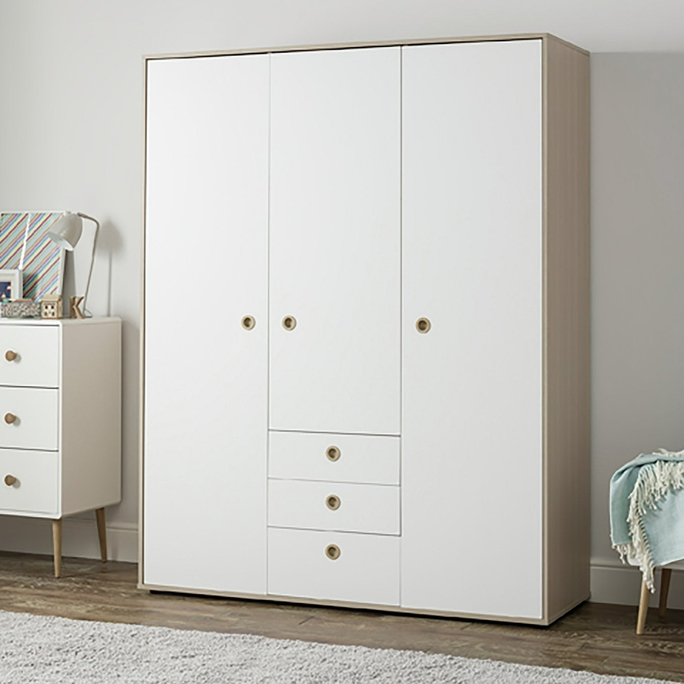 Camden 3 Door 3 Drawer Wardrobe – White & Acacia | All-in-one Storage Solution