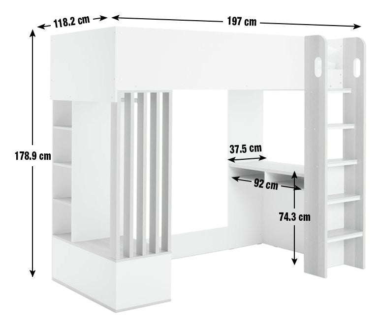 Norah Teen Slatted High Sleeper Bed Frame- White | Teen Loft Bed