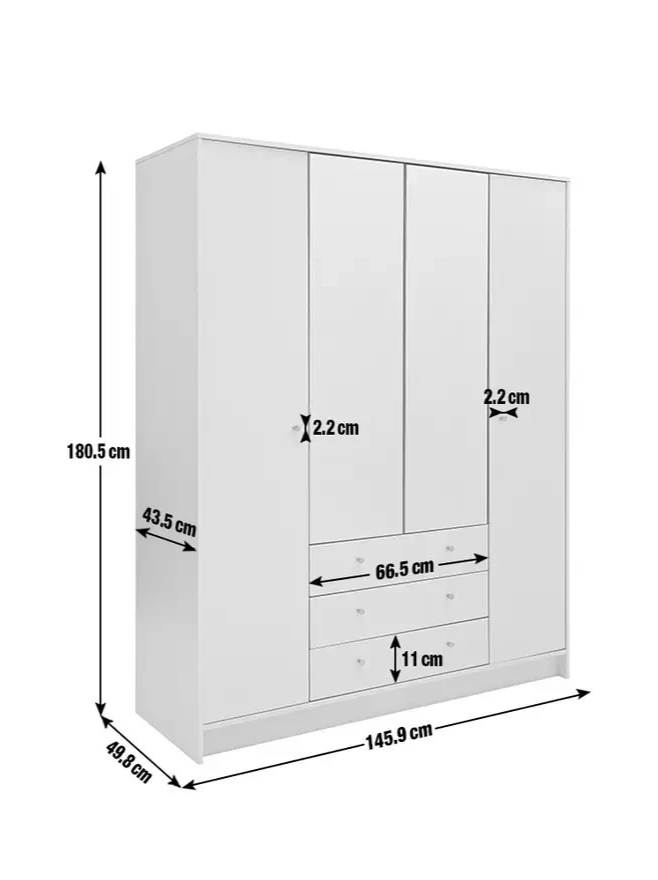 Malibu 4Dr 3 Drw Mirror Wardrobe-Black Oak Effect | Dark Wood Look