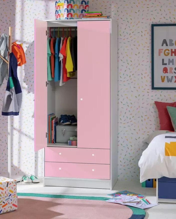 Kids Malibu 2 Door 2 Drawer Wardrobe-Pink & White | Playful Room Design