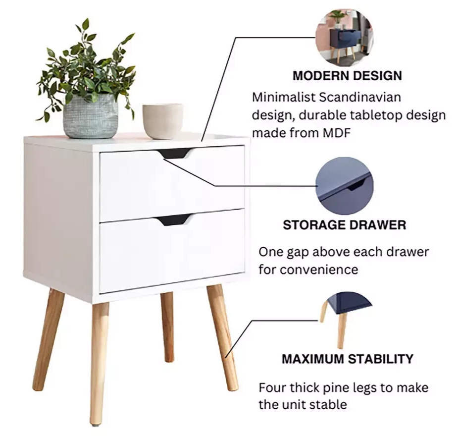 GFW Nyborg 2 Drawer Bedside Table White | Bedroom Nightstand Storage Furniture