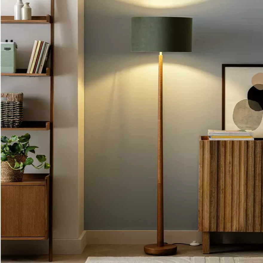 Tapered Wood Floor Lamp Walnut & Green | Modern Standing Floor Light Lighting