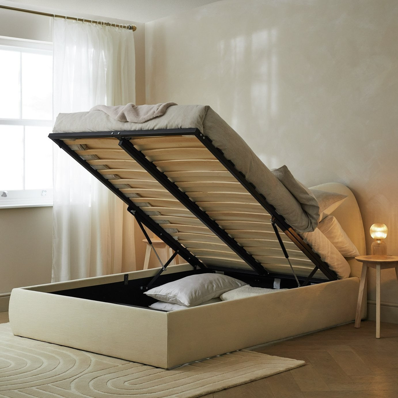 Orton Double Fabric End Lift Ottoman Bed - Natural | Cozy Room Interior