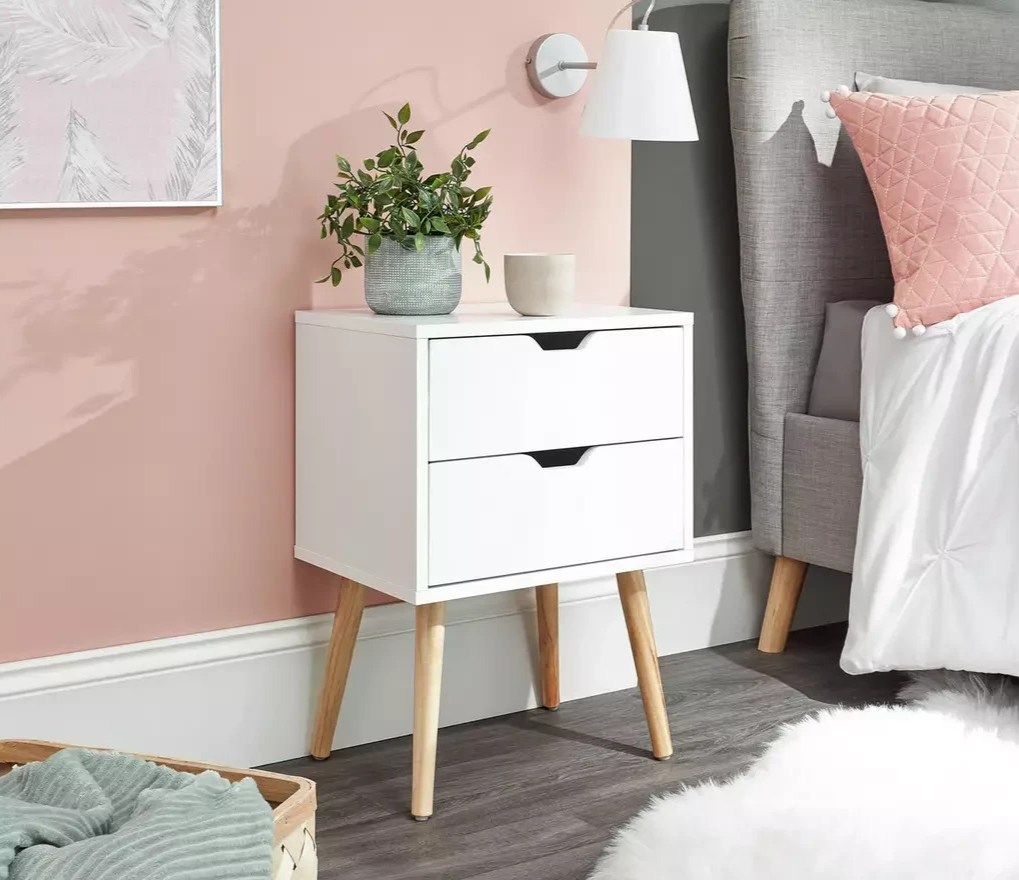 GFW Nyborg 2 Drawer Bedside Table White | Bedroom Nightstand Storage Furniture