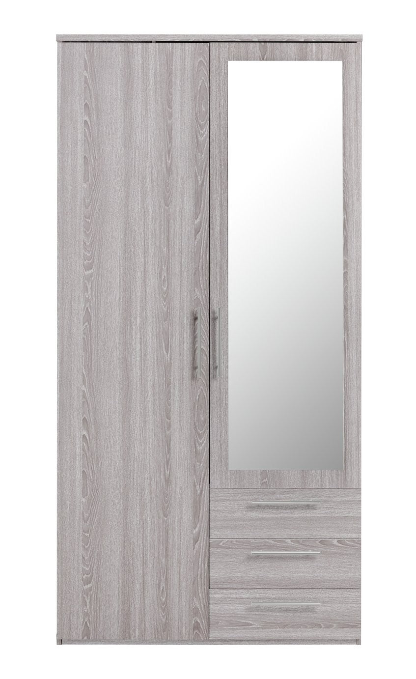 Home Brisbane 2 Door3 Drawer Mirror Wardrobe – GreyOak | Modern Bedroom Storage