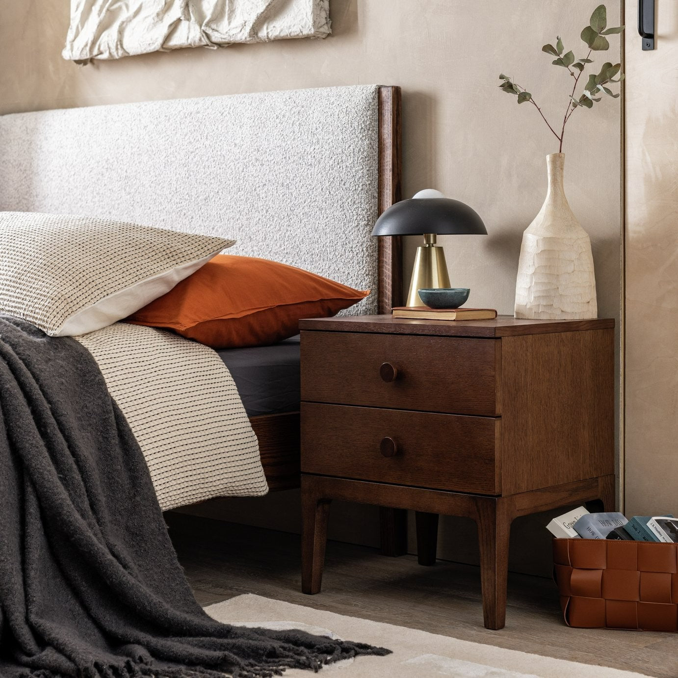 Loxley 2 Drawer Bedside Table - Walnut | Compact Bedroom Solution