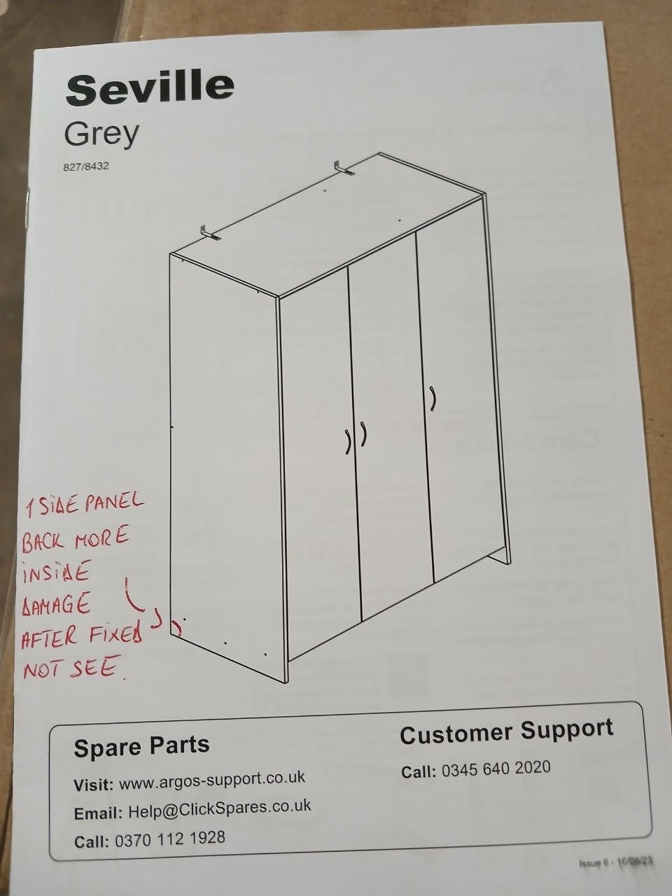 Home Seville 3 Door Wardrobe - Grey Oak Effect ( B Grade 1088.)