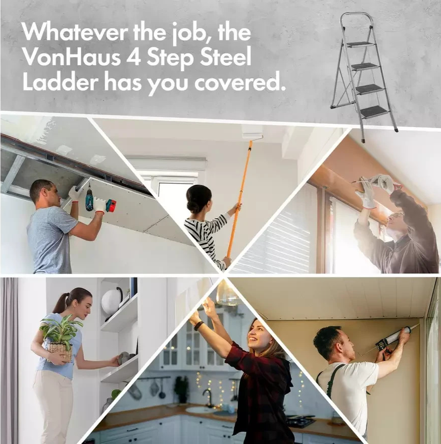 VonHaus 4 Tread Foldable Step Ladder | Folding Household Stepladder