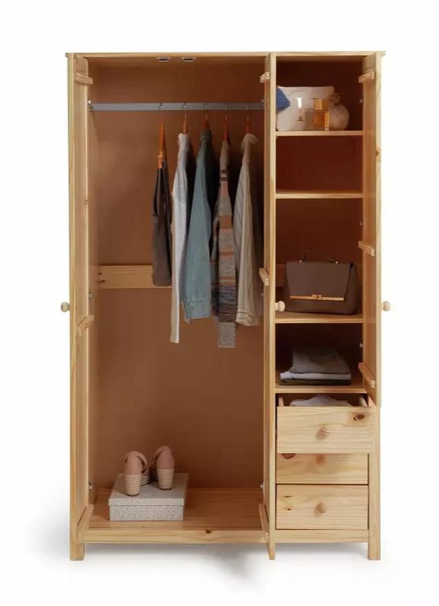 Home Scandinavia 3 Door 3 Drawer Wardrobe Pine | Large Bedroom Storage Furniture