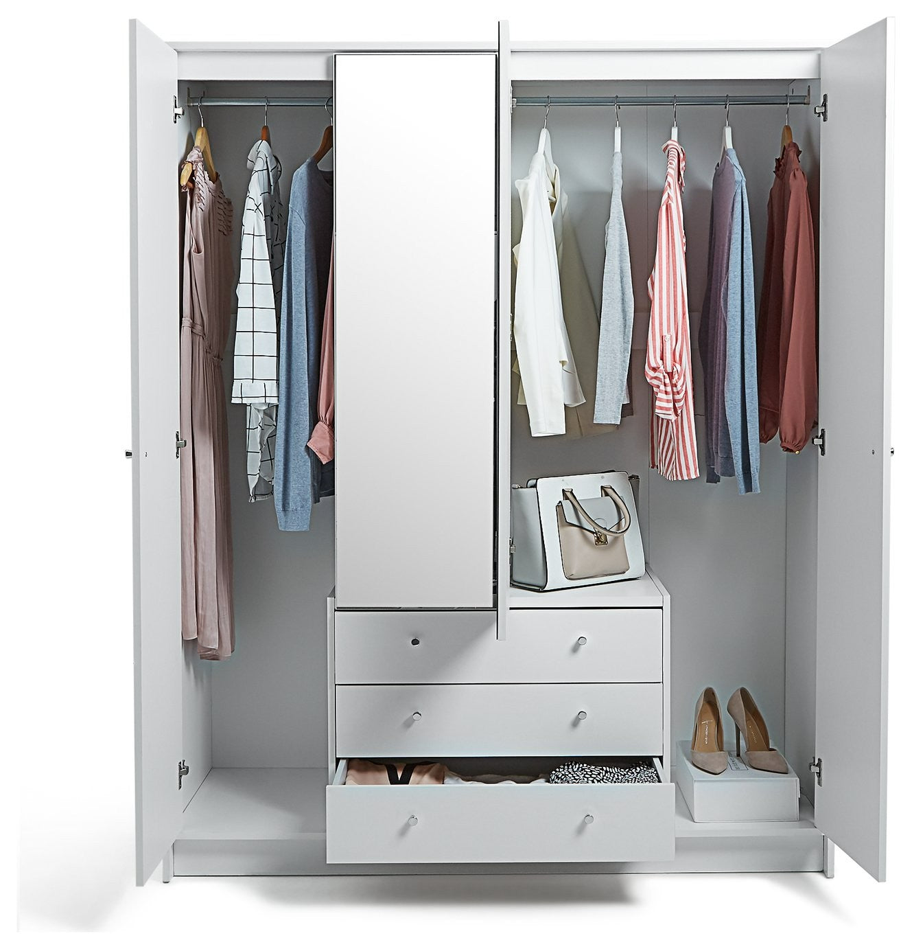 Home Malibu 4 Door 3 Drawer Mirror Wardrobe - White | white mirrored wardrobe