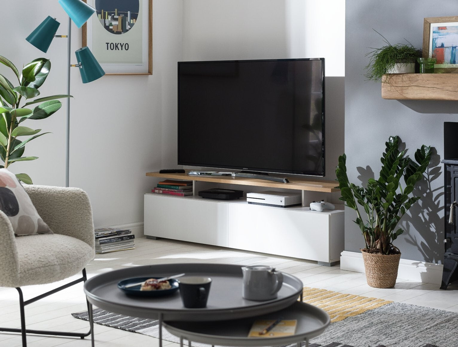Habitat Floating Top TV Unit White Oak | Modern TV Stand Storage Cabinet Living