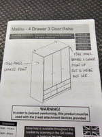 Home Malibu 3 Door 4 Drawer Wardrobe - White (B Grade)