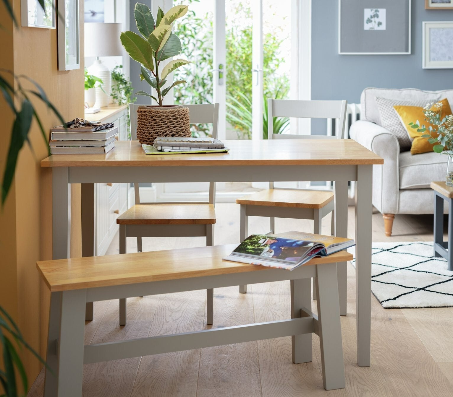 Chicago Solid Wood Table Bench & 2 Grey Chairs