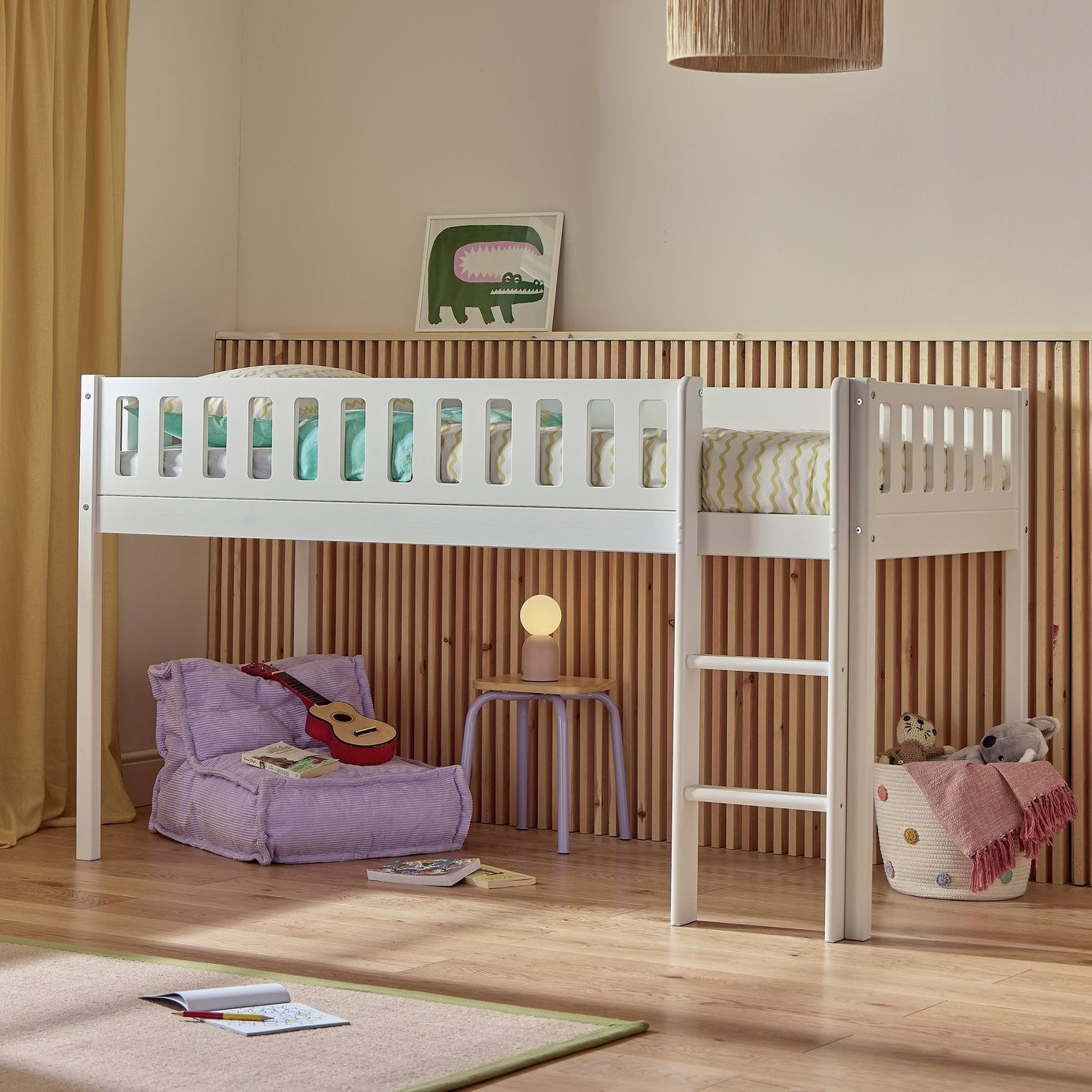 Kids Ronnie Single Midsleeper Bed - White | Raised bed & timeless shaker design
