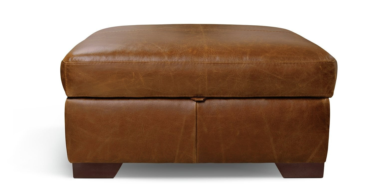 Eton Leather Storage Ottoman Footstool - Tan