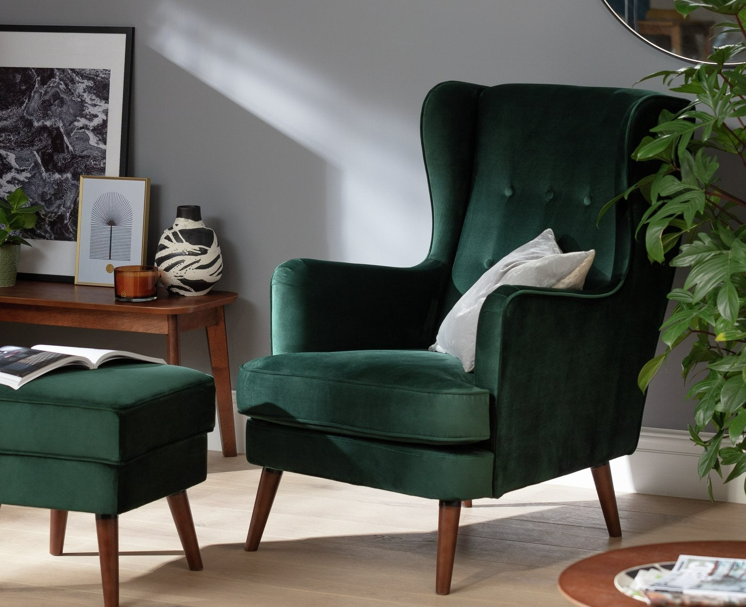 Callie Velvet Footstool - Forest Green | Plush Fabric Finish