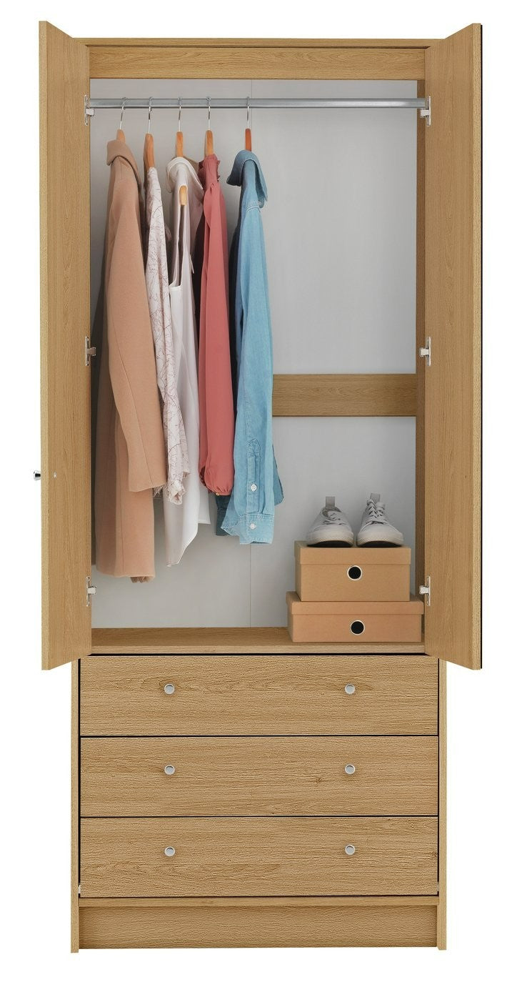 Home Malibu 2 Door 3 Drawer Wardrobe - Oak Effect | Warm Wood Aesthetic