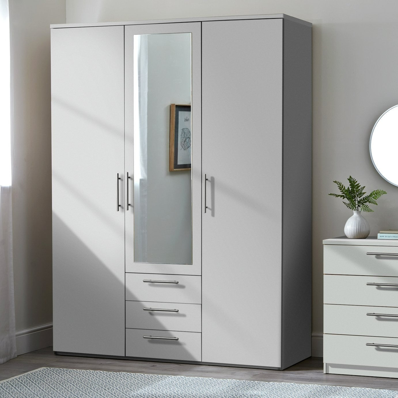 Home Brisbane 3 Door 3 Drawer Wardrobe – Grey | Sleek Neutral Aesthetic