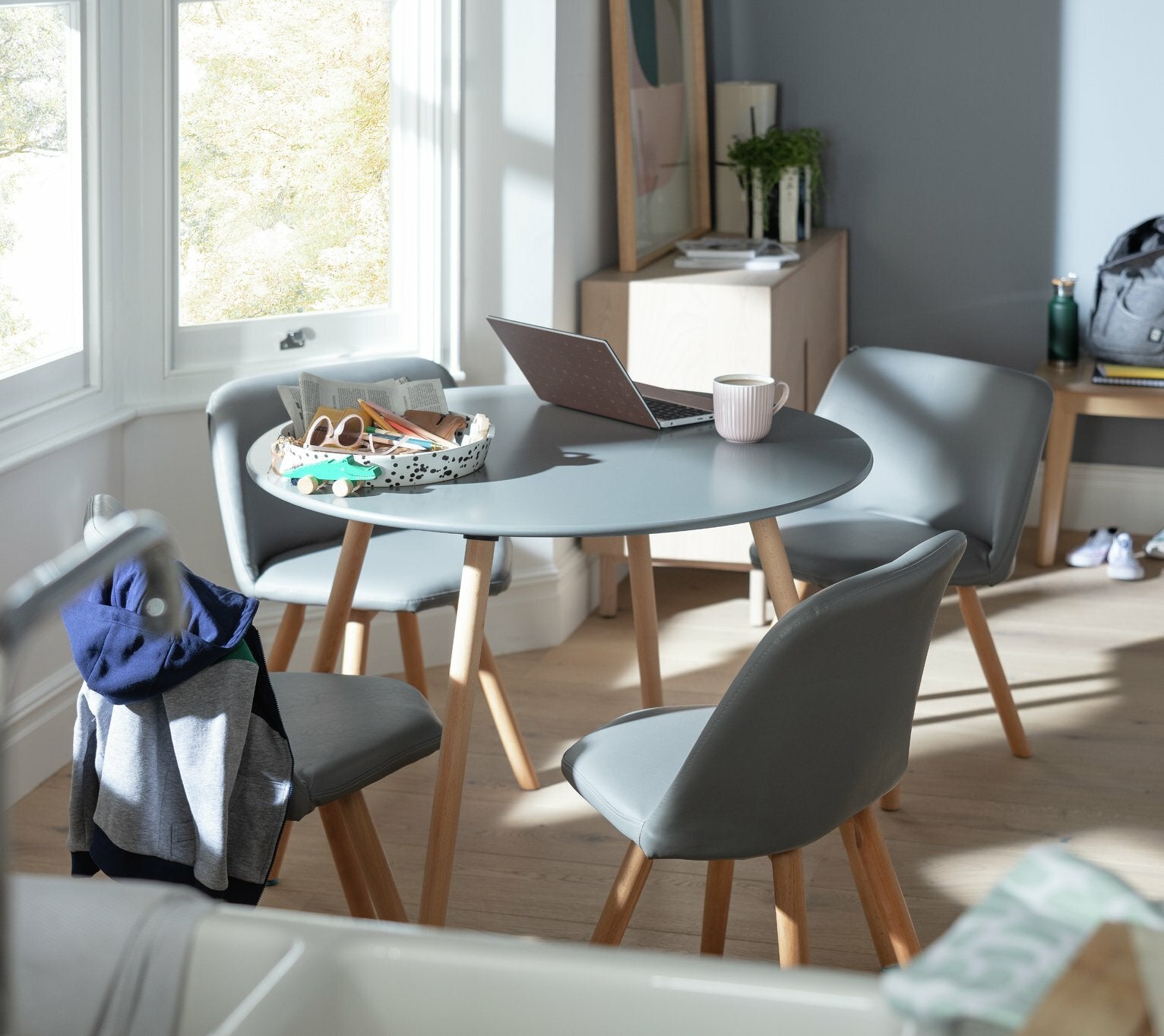 Habitat Quattro Modern Round Dining Table and 4 Chairs Grey Faux Leather Kitchen