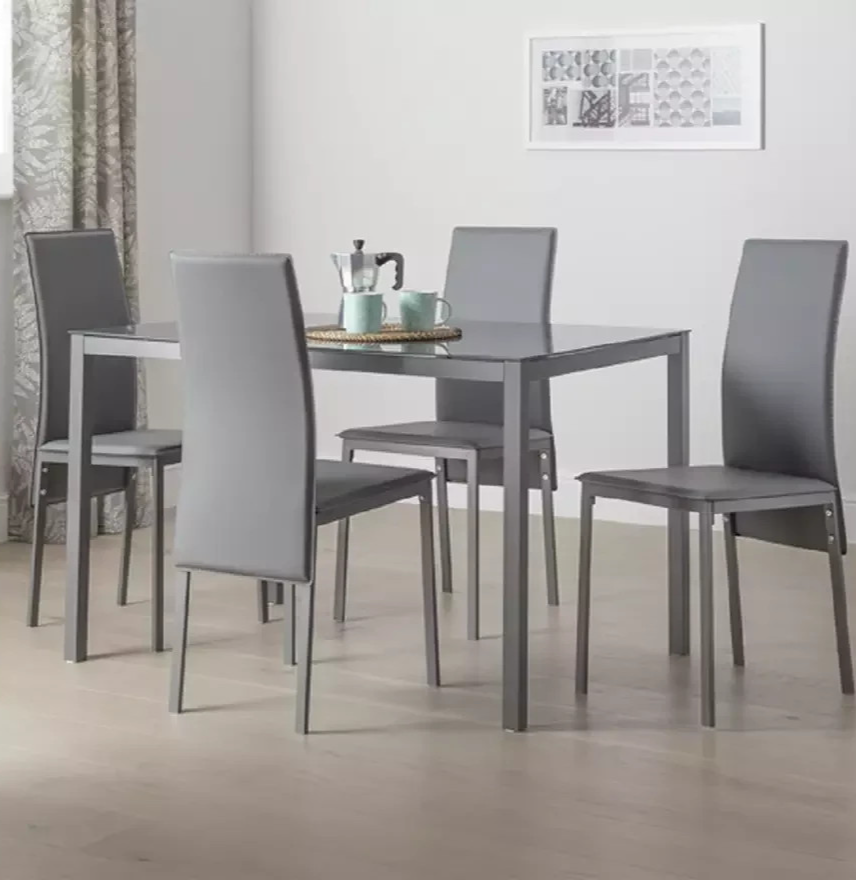 Home Lido Glass Dining Table & 4 Grey Chairs | Modern Kitchen Furniture