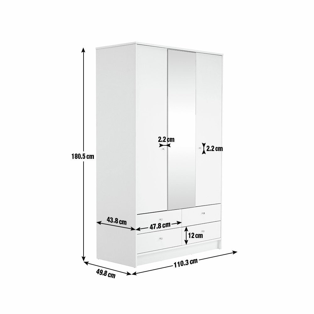 Home Malibu 3 Door 4 Drawer Mirror Wardrobe - White ( B Grade )