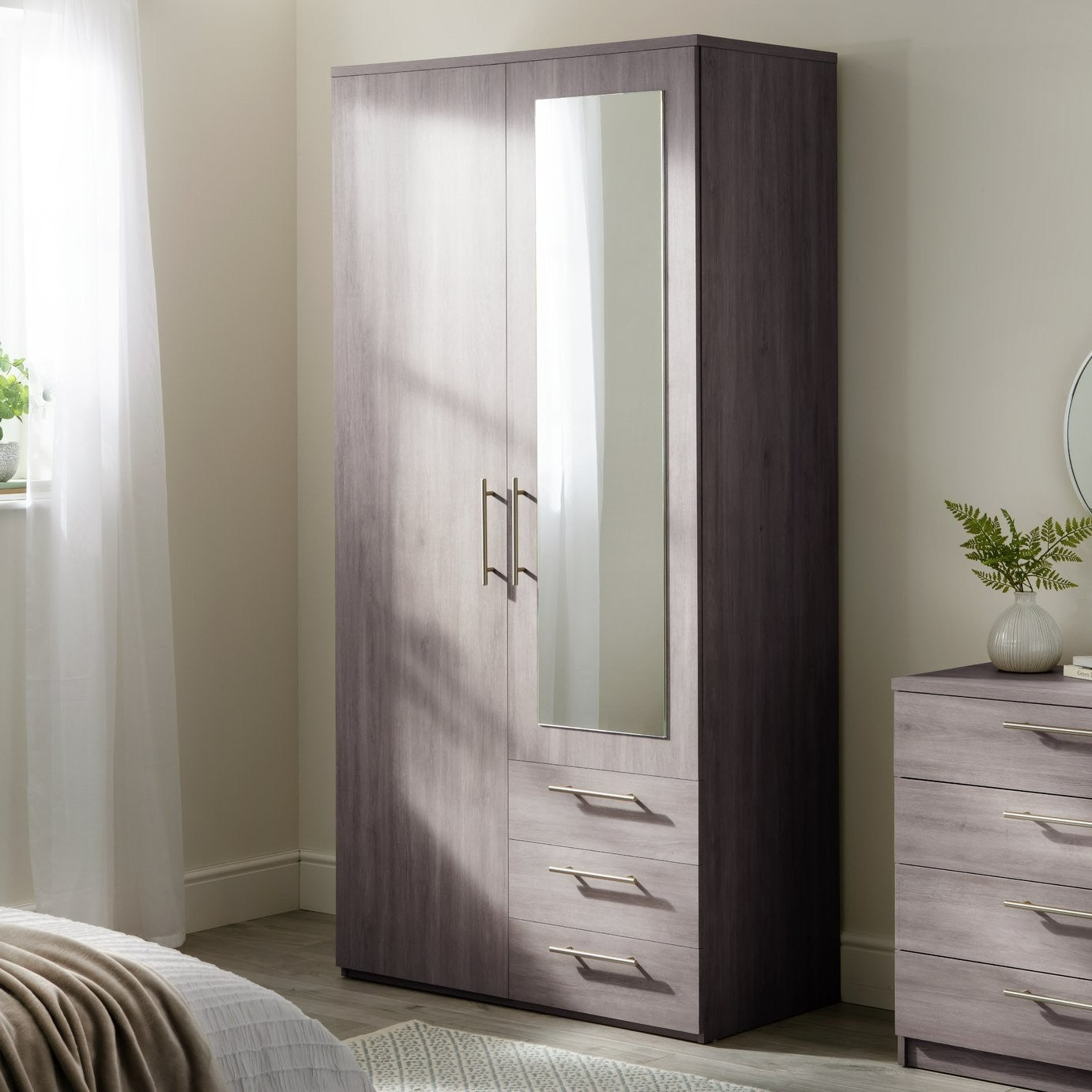 Home Brisbane 2 Door3 Drawer Mirror Wardrobe – GreyOak | Modern Bedroom Storage